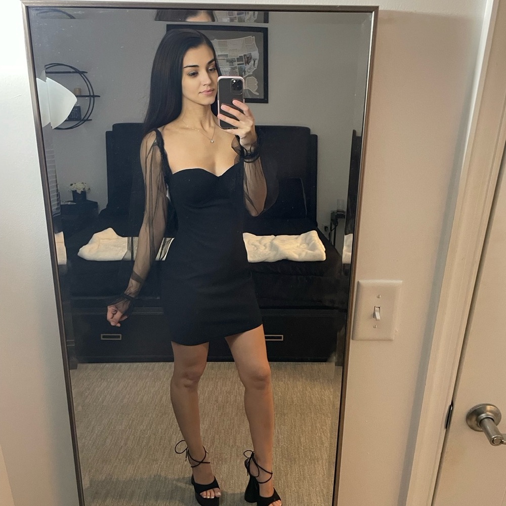 Eilly Bazar Black Mini Dress Off The Shoulder Mesh Sleeve - Size Medium